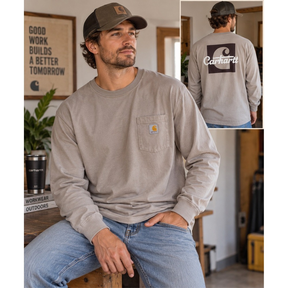 Carhartt Men’s M Loose Fit Long Sleeve Pocket T Shirt Taupe Back Logo Graphic